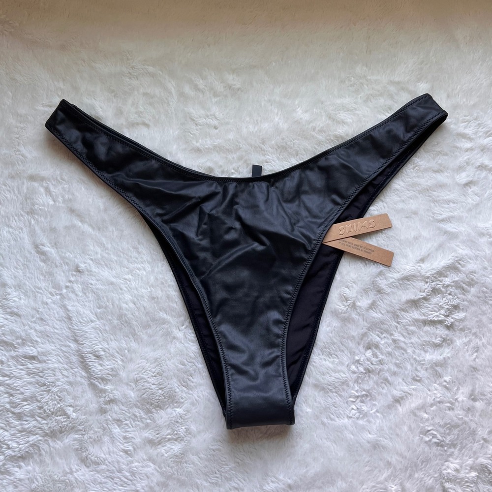 Skims Micro Pleather Swim Micro Tanga Bikini Bottom Onyx Black 2X SW-TAN-0159
